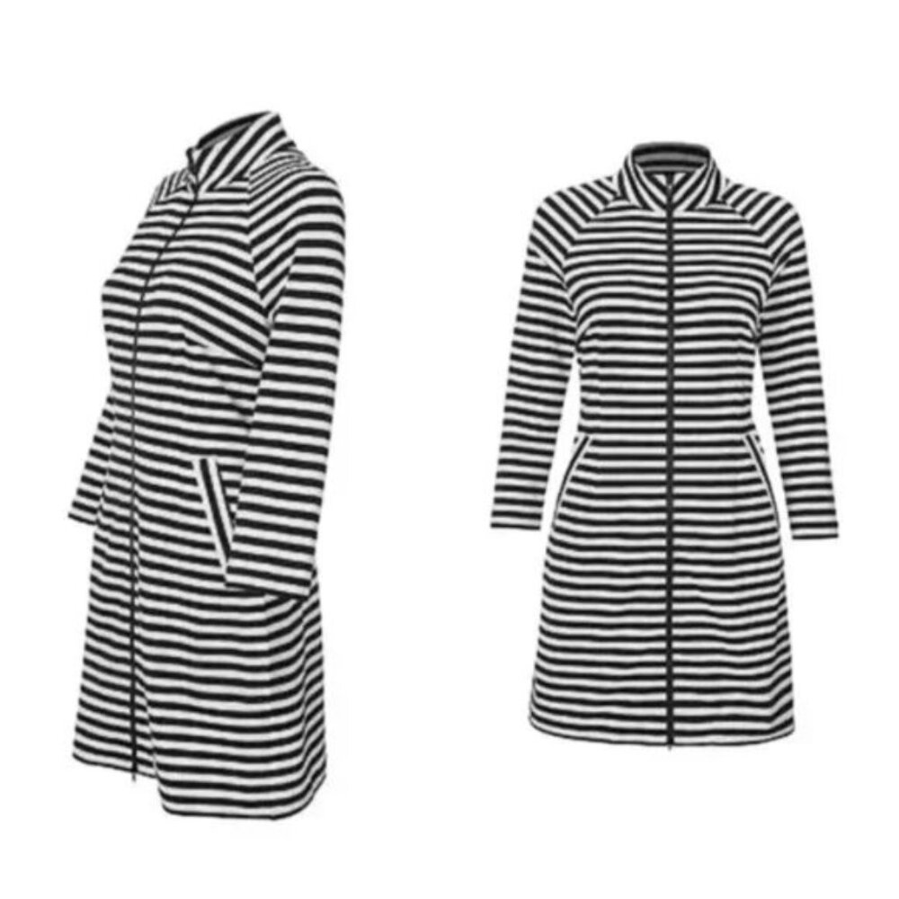 CAbi #5851 Byline Jacket Black White Striped Longline Duster size XL Women's